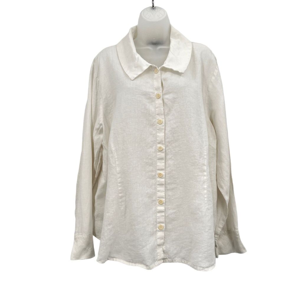 FLAX by Jeanne Engelhart Size 1G 1X White Button Down Shirt Lagenlook Top Linen - Picture 2 of 16
